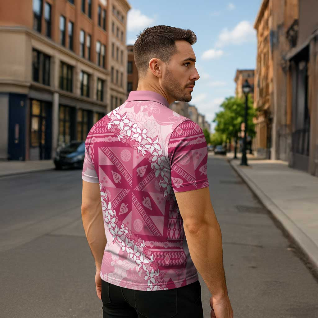 Bula Fiji Plumeria Tagimoucia Salusalu Pink Zipper Polo Shirt Kaiviti Masi - Polynesian Pride