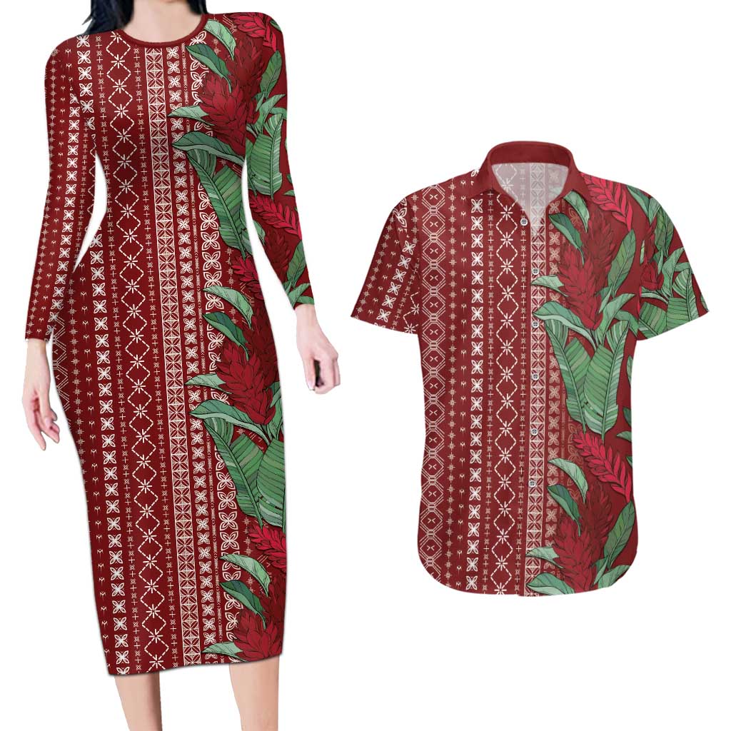 Women's Day Samoa Malu Tattoo Inspired Mix Teuila Couples Matching Long Sleeve Bodycon Dress and Hawaiian Shirt Scarlet