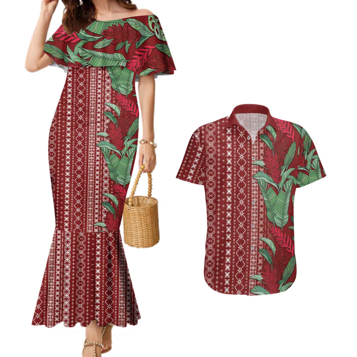 Women's Day Samoa Malu Tattoo Inspired Mix Teuila Couples Matching Mermaid Dress and Hawaiian Shirt Scarlet