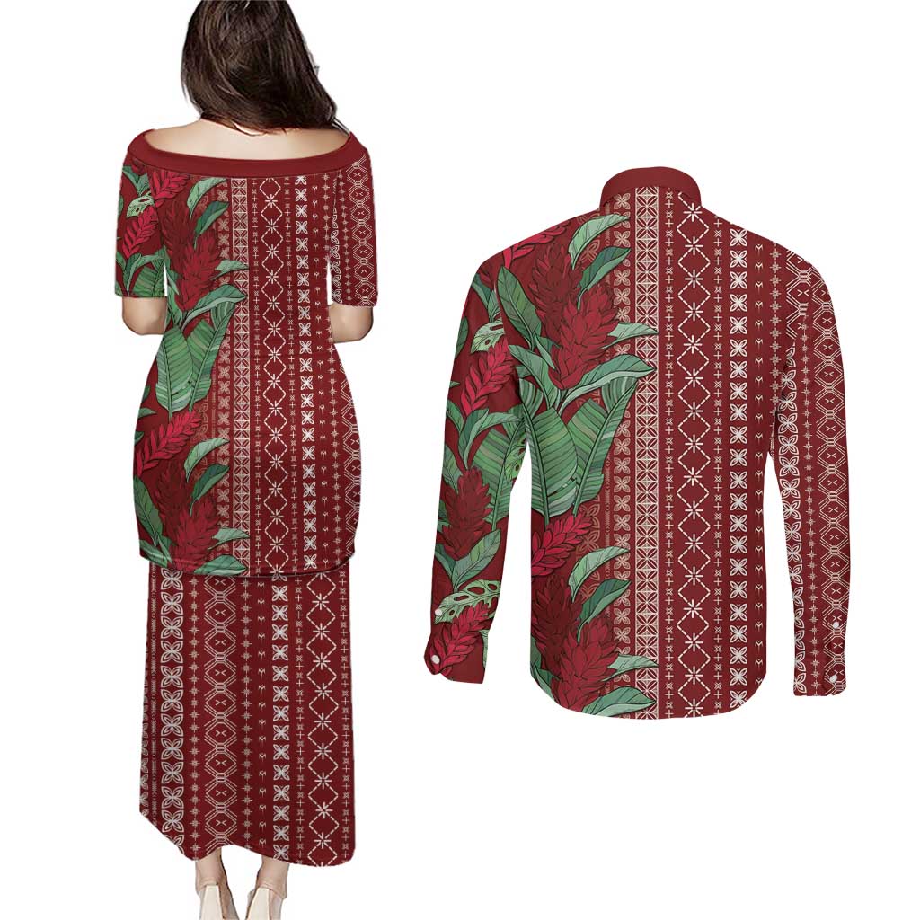 Women's Day Samoa Malu Tattoo Inspired Mix Teuila Couples Matching Puletasi and Long Sleeve Button Shirt Scarlet LT7 - Polynesian Pride