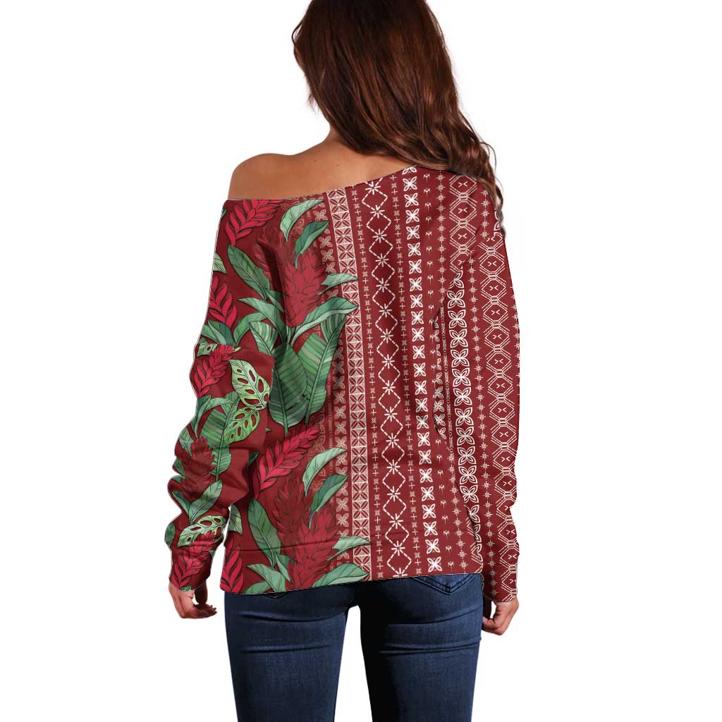 Women's Day Samoa Malu Tattoo Inspired Mix Teuila Off Shoulder Sweater Scarlet LT7 - Polynesian Pride