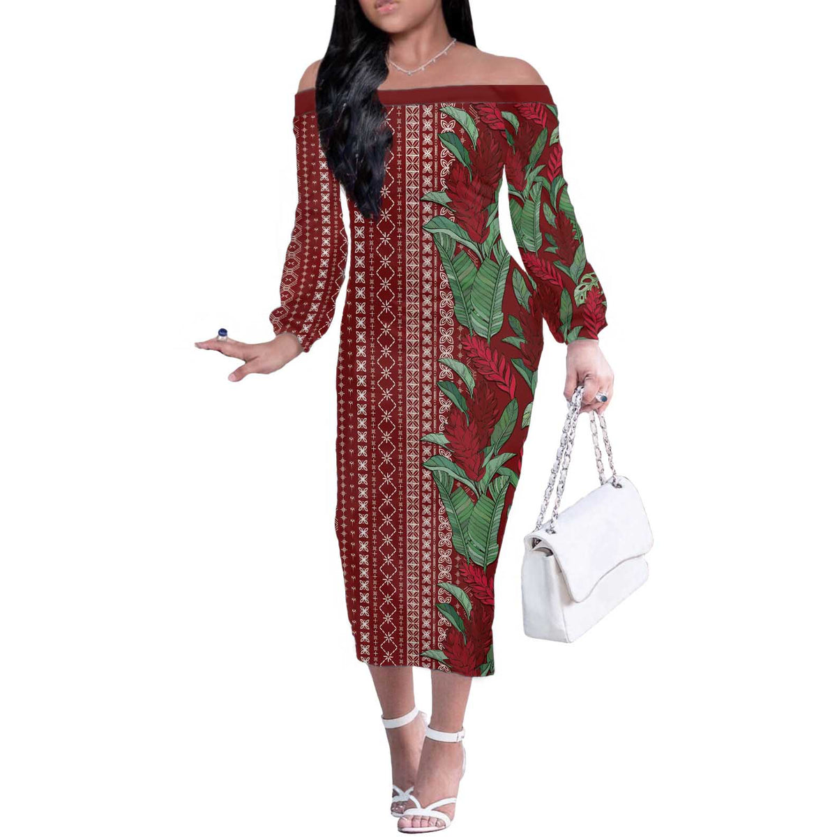 Women's Day Samoa Malu Tattoo Inspired Mix Teuila Off The Shoulder Long Sleeve Dress Scarlet