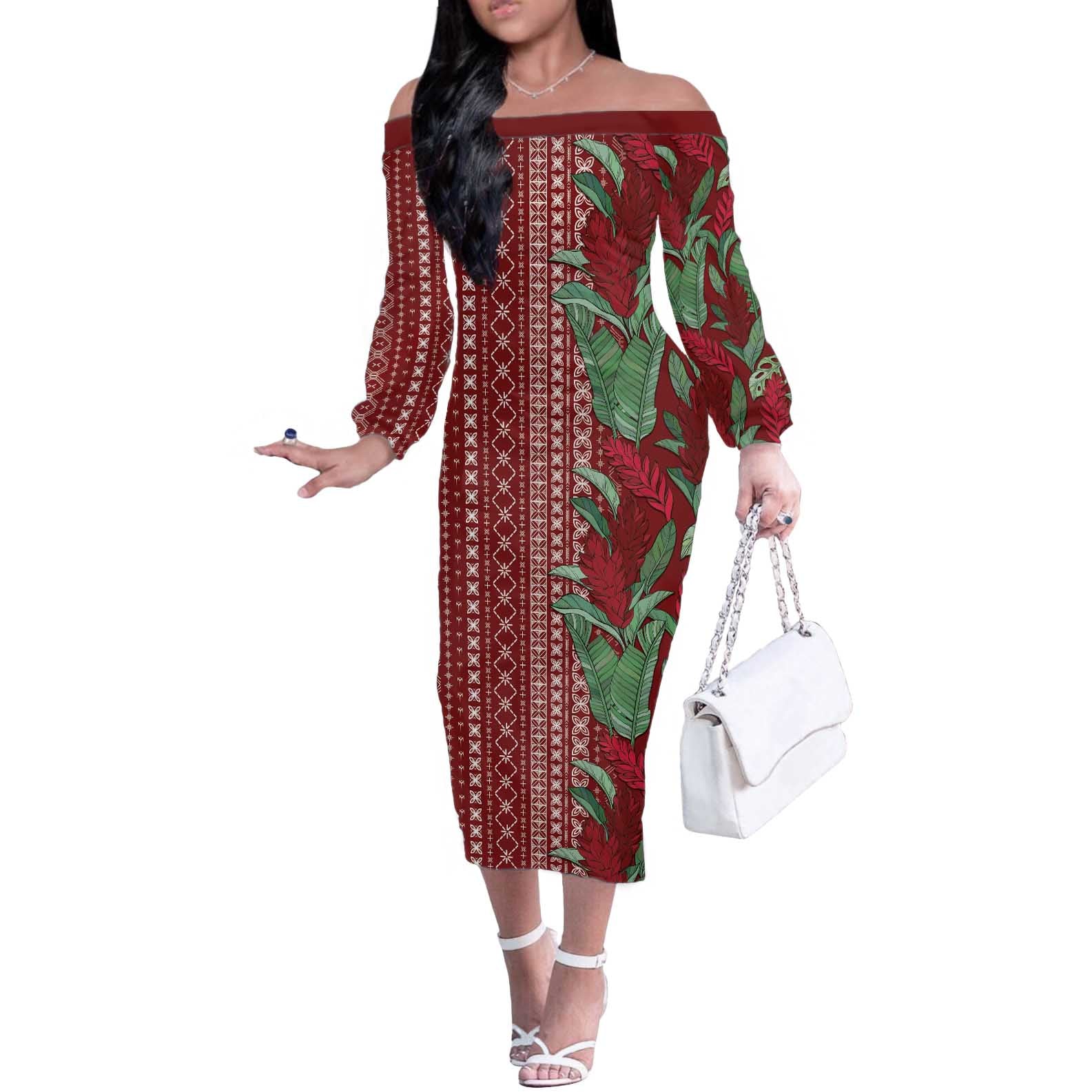 Women's Day Samoa Malu Tattoo Inspired Mix Teuila Off The Shoulder Long Sleeve Dress Scarlet