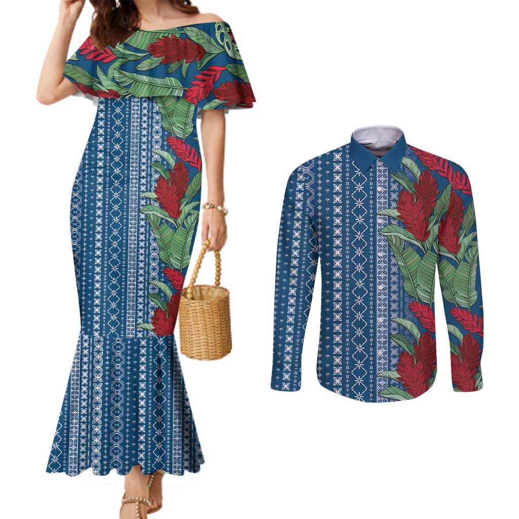 Women's Day Samoa Malu Tattoo Inspired Mix Teuila Couples Matching Mermaid Dress and Long Sleeve Button Shirt Royal Blue