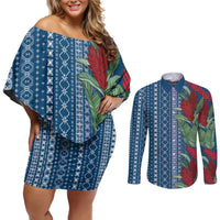 Women's Day Samoa Malu Tattoo Inspired Mix Teuila Couples Matching Off Shoulder Short Dress and Long Sleeve Button Shirt Royal Blue