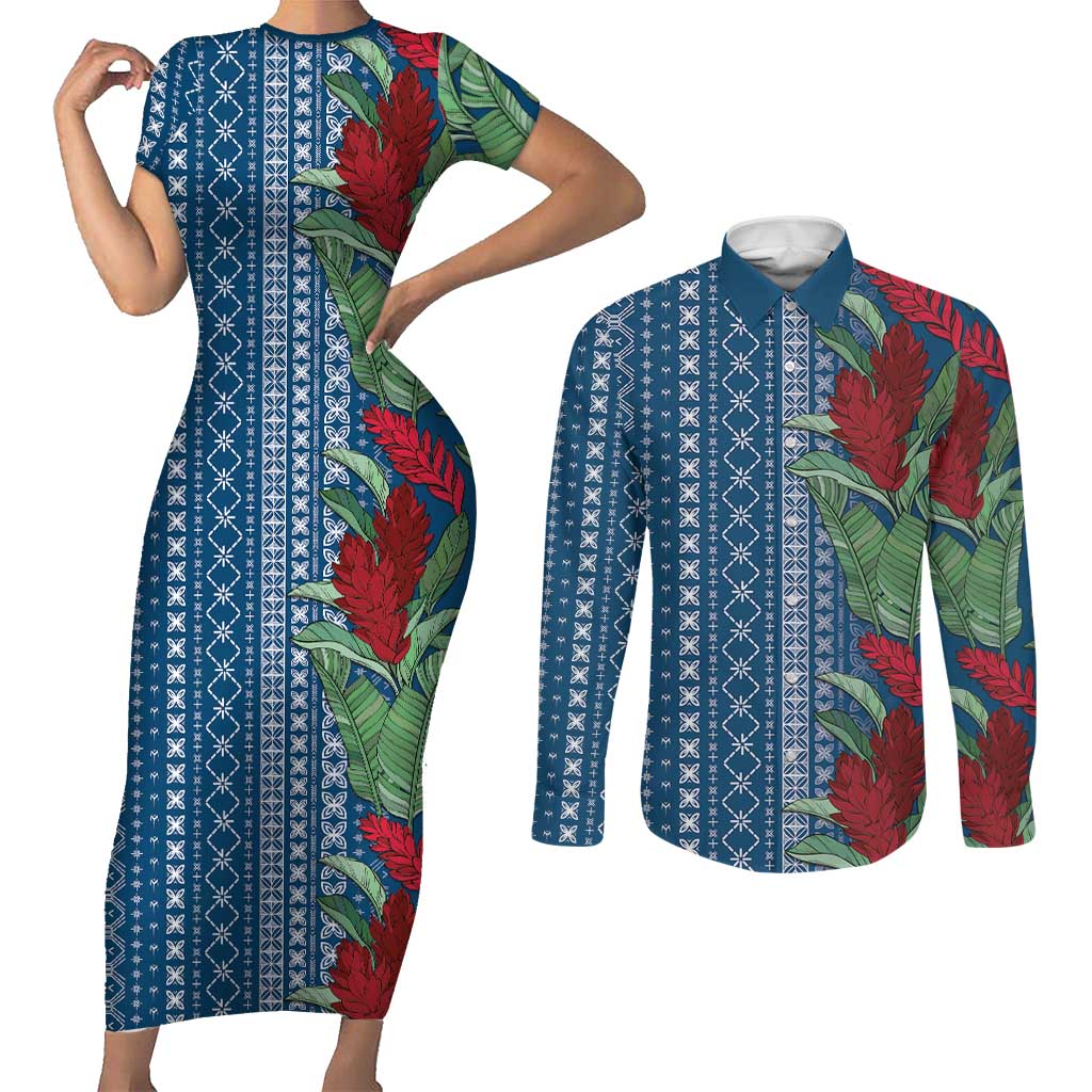 Women's Day Samoa Malu Tattoo Inspired Mix Teuila Couples Matching Short Sleeve Bodycon Dress and Long Sleeve Button Shirt Royal Blue