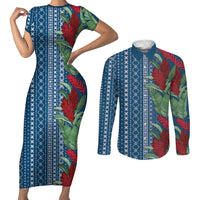 Women's Day Samoa Malu Tattoo Inspired Mix Teuila Couples Matching Short Sleeve Bodycon Dress and Long Sleeve Button Shirt Royal Blue