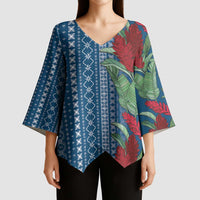 Women's Day Samoa Malu Tattoo Inspired Mix Teuila Kimono Sleeve Blouse Royal Blue