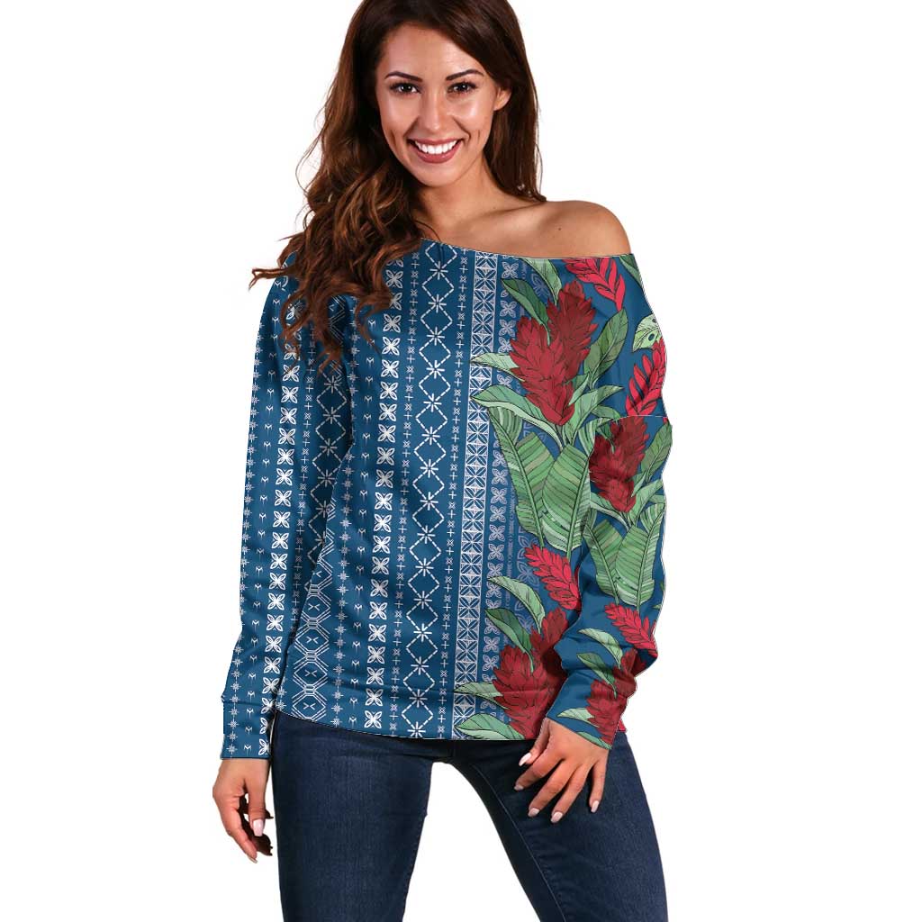 Women's Day Samoa Malu Tattoo Inspired Mix Teuila Off Shoulder Sweater Royal Blue LT7 Women Royal Blue - Polynesian Pride