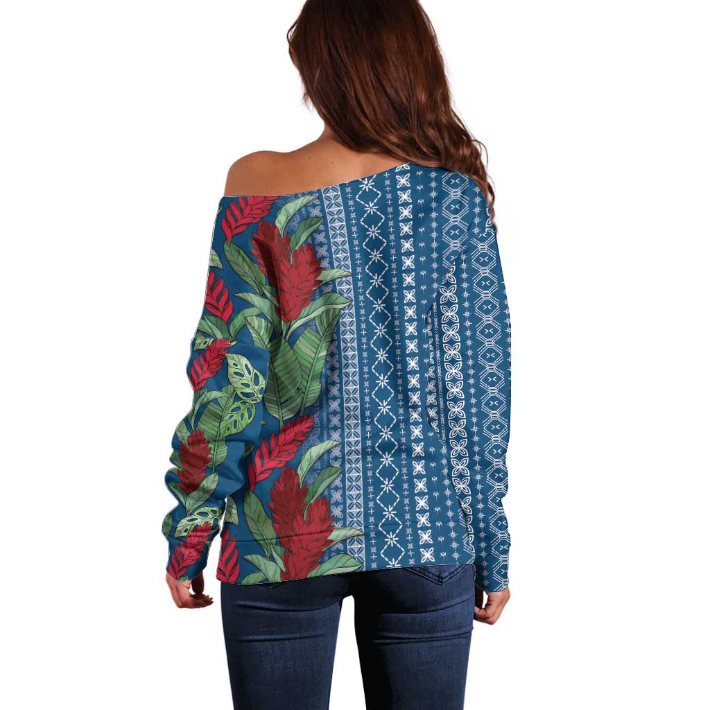 Women's Day Samoa Malu Tattoo Inspired Mix Teuila Off Shoulder Sweater Royal Blue LT7 - Polynesian Pride