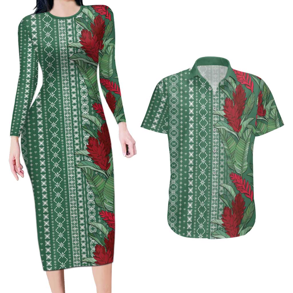 Women's Day Samoa Malu Tattoo Inspired Mix Teuila Couples Matching Long Sleeve Bodycon Dress and Hawaiian Shirt Sage Green
