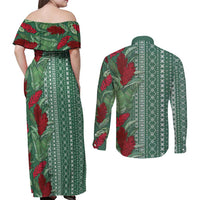 Women's Day Samoa Malu Tattoo Inspired Mix Teuila Couples Matching Off Shoulder Maxi Dress and Long Sleeve Button Shirt Sage Green