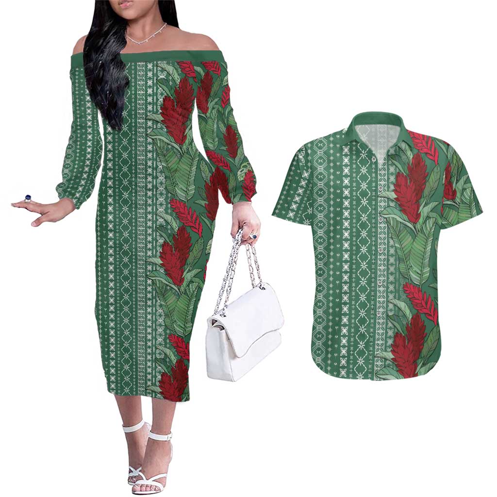 Women's Day Samoa Malu Tattoo Inspired Mix Teuila Couples Matching Off The Shoulder Long Sleeve Dress and Hawaiian Shirt Sage Green