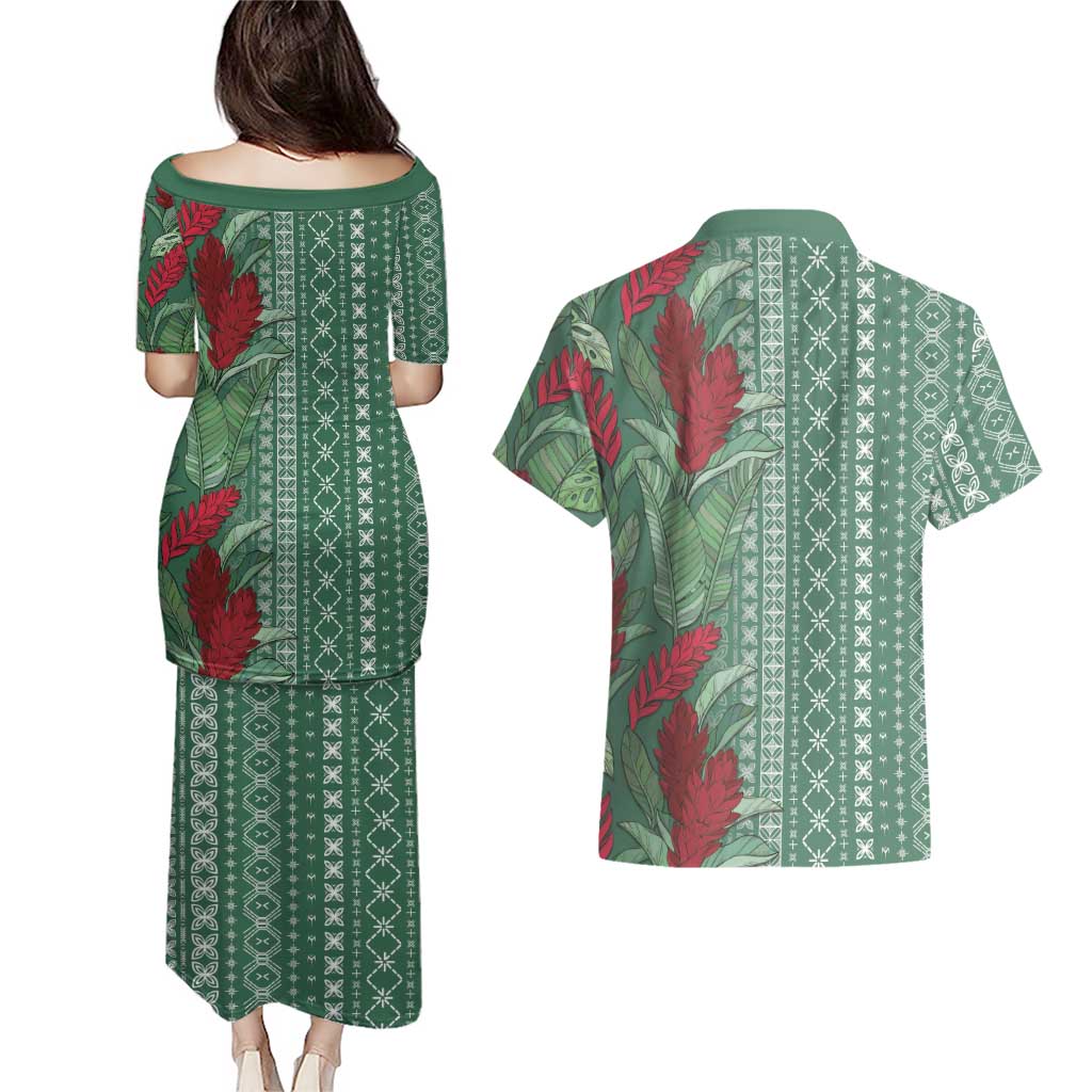 Women's Day Samoa Malu Tattoo Inspired Mix Teuila Couples Matching Puletasi and Hawaiian Shirt Sage Green