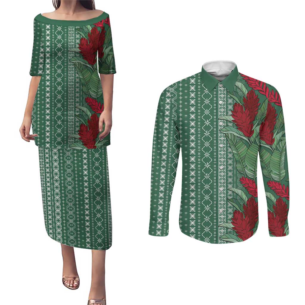Women's Day Samoa Malu Tattoo Inspired Mix Teuila Couples Matching Puletasi and Long Sleeve Button Shirt Sage Green LT7 Sage Green - Polynesian Pride