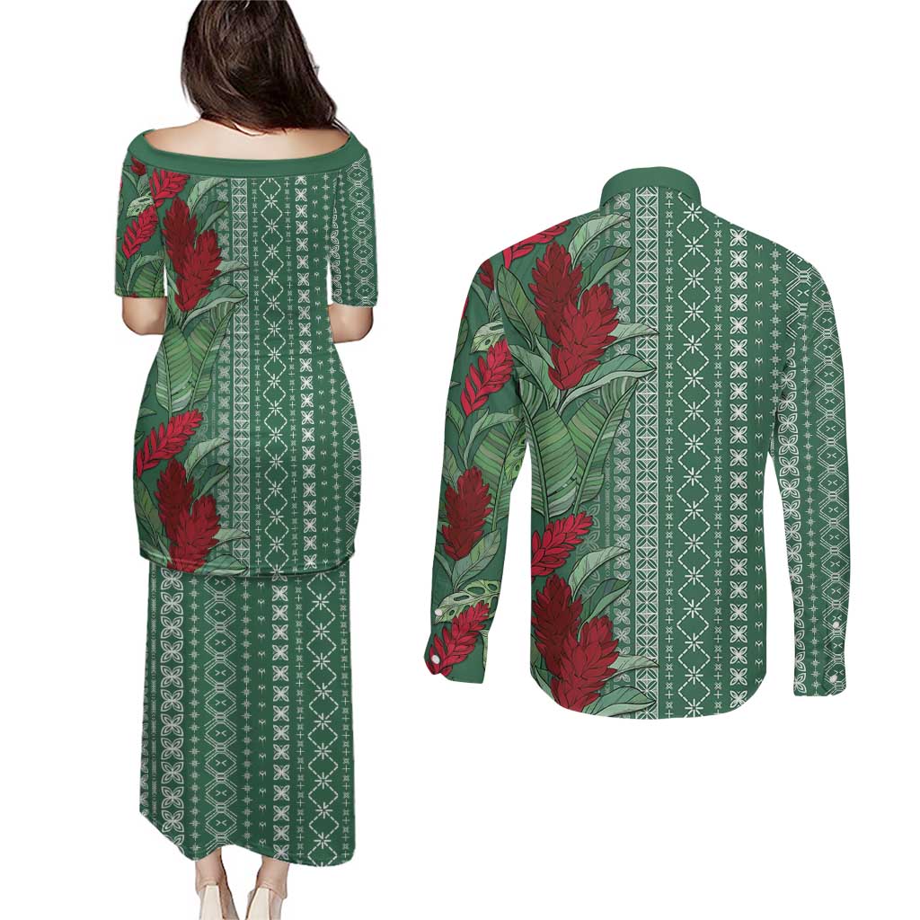 Women's Day Samoa Malu Tattoo Inspired Mix Teuila Couples Matching Puletasi and Long Sleeve Button Shirt Sage Green LT7 - Polynesian Pride