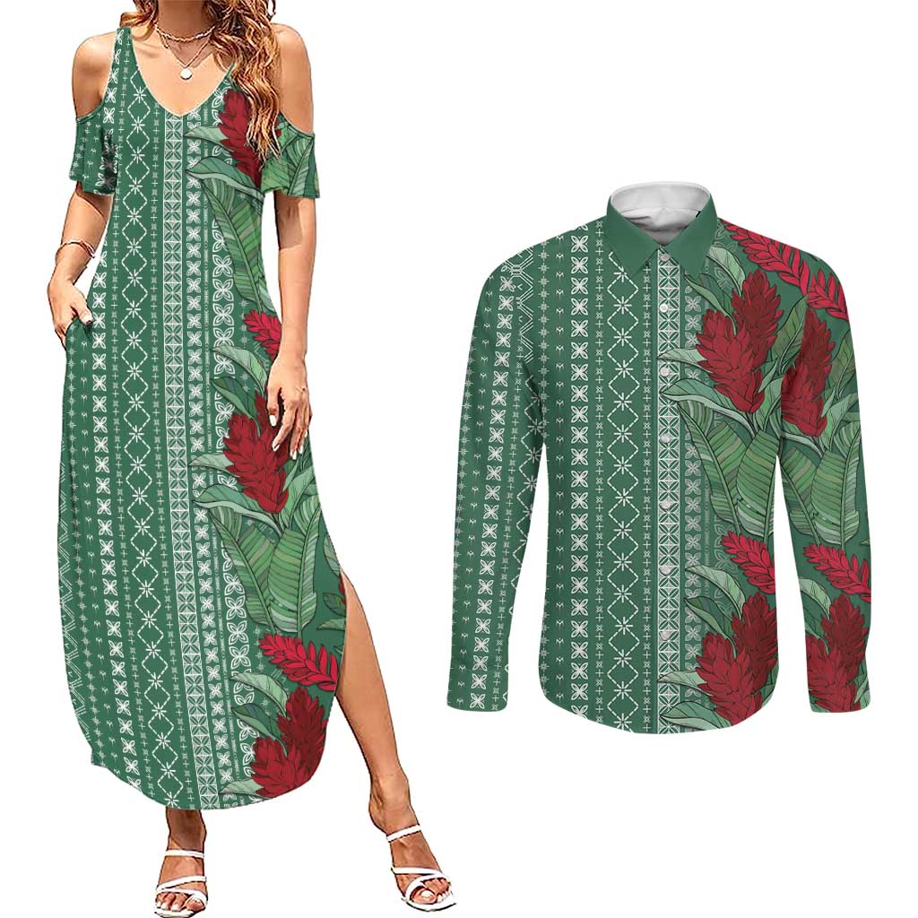 Women's Day Samoa Malu Tattoo Inspired Mix Teuila Couples Matching Summer Maxi Dress and Long Sleeve Button Shirt Sage Green LT7 Sage Green - Polynesian Pride