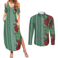 Women's Day Samoa Malu Tattoo Inspired Mix Teuila Couples Matching Summer Maxi Dress and Long Sleeve Button Shirt Sage Green LT7 Sage Green - Polynesian Pride