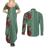 Women's Day Samoa Malu Tattoo Inspired Mix Teuila Couples Matching Summer Maxi Dress and Long Sleeve Button Shirt Sage Green LT7 - Polynesian Pride
