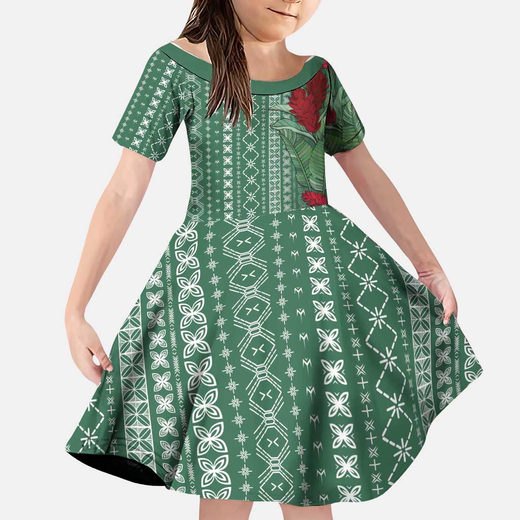 Women's Day Samoa Malu Tattoo Inspired Mix Teuila Family Matching Off Shoulder Short Dress and Hawaiian Shirt Sage Green LT7 Daughter's Dress Sage Green - Polynesian Pride