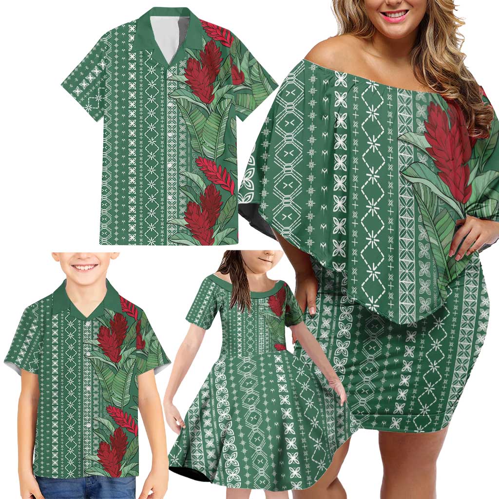 Women's Day Samoa Malu Tattoo Inspired Mix Teuila Family Matching Off Shoulder Short Dress and Hawaiian Shirt Sage Green LT7 - Polynesian Pride