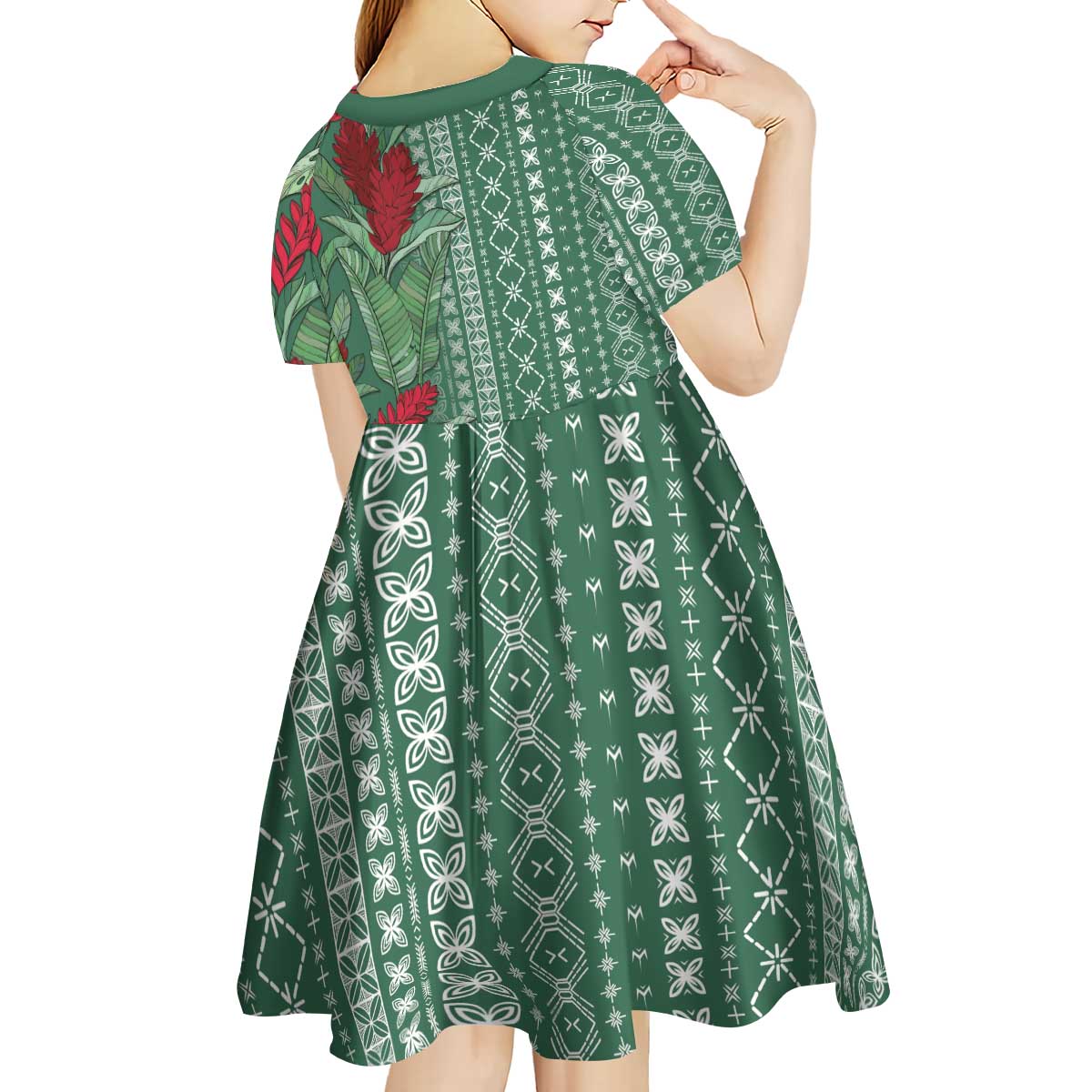 Women's Day Samoa Malu Tattoo Inspired Mix Teuila Kid Short Sleeve Dress Sage Green