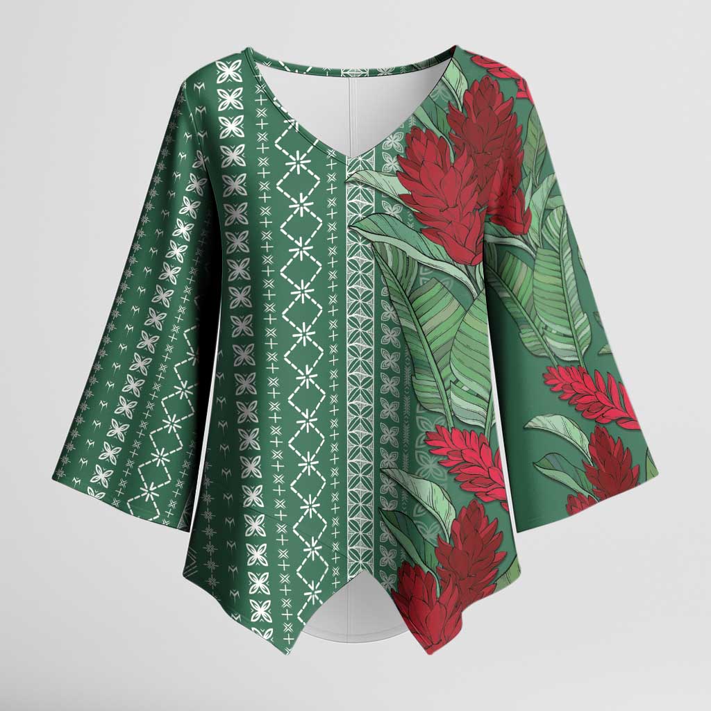 Women's Day Samoa Malu Tattoo Inspired Mix Teuila Kimono Sleeve Blouse Sage Green