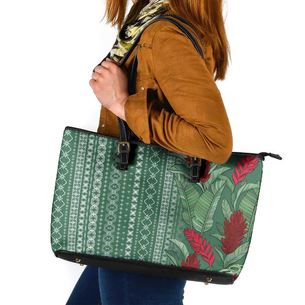 Women's Day Samoa Malu Tattoo Inspired Mix Teuila Leather Tote Bag Sage Green