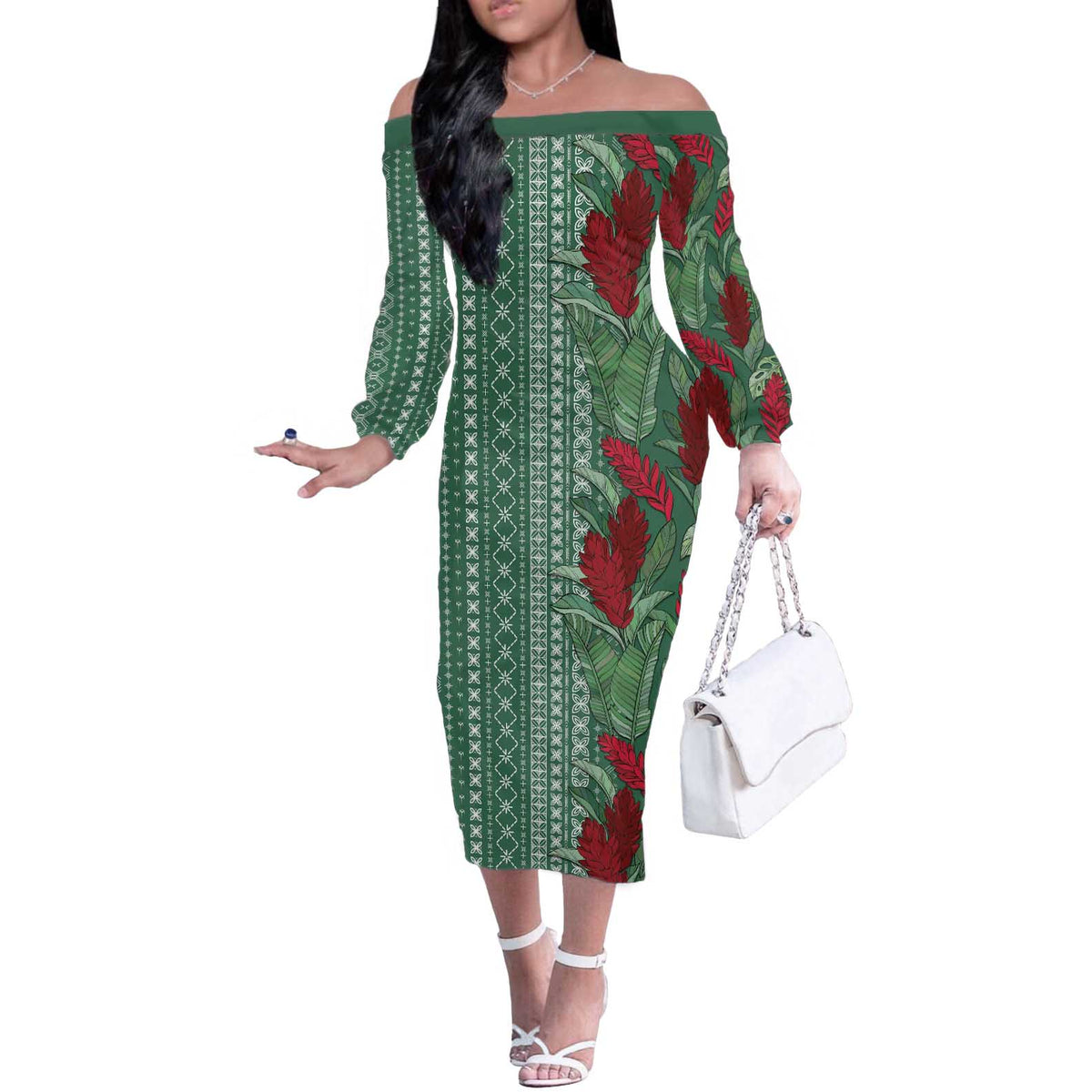 Women's Day Samoa Malu Tattoo Inspired Mix Teuila Off The Shoulder Long Sleeve Dress Sage Green LT7 Women Sage Green - Polynesian Pride