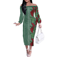 Women's Day Samoa Malu Tattoo Inspired Mix Teuila Off The Shoulder Long Sleeve Dress Sage Green LT7 Women Sage Green - Polynesian Pride