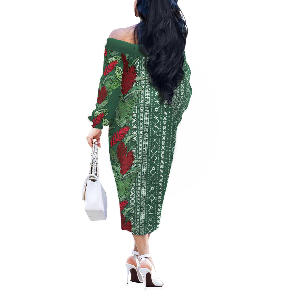 Women's Day Samoa Malu Tattoo Inspired Mix Teuila Off The Shoulder Long Sleeve Dress Sage Green LT7 - Polynesian Pride