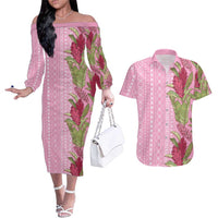 Women's Day Samoa Malu Tattoo Inspired Mix Teuila Couples Matching Off The Shoulder Long Sleeve Dress and Hawaiian Shirt Rose Pink