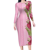 Women's Day Samoa Malu Tattoo Inspired Mix Teuila Long Sleeve Bodycon Dress Rose Pink LT7 Long Dress Rose Pink - Polynesian Pride