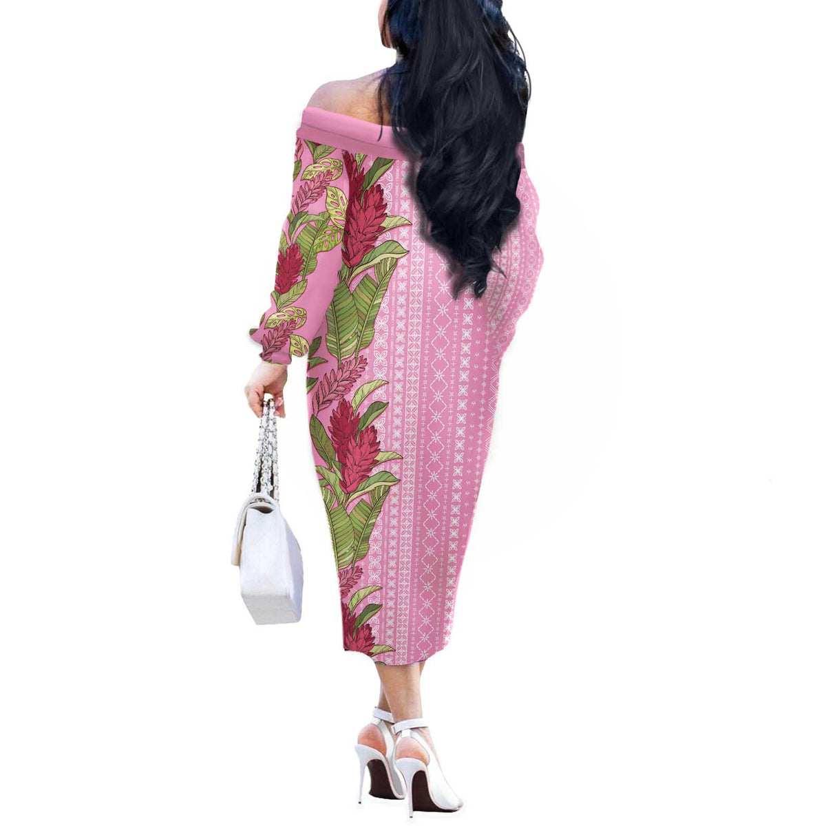 Women's Day Samoa Malu Tattoo Inspired Mix Teuila Off The Shoulder Long Sleeve Dress Rose Pink LT7 - Polynesian Pride