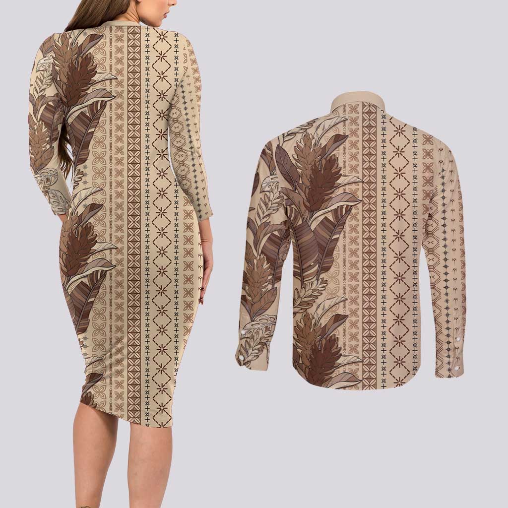Women's Day Samoa Malu Tattoo Inspired Mix Teuila Couples Matching Long Sleeve Bodycon Dress and Long Sleeve Button Shirt Vintage Tapa