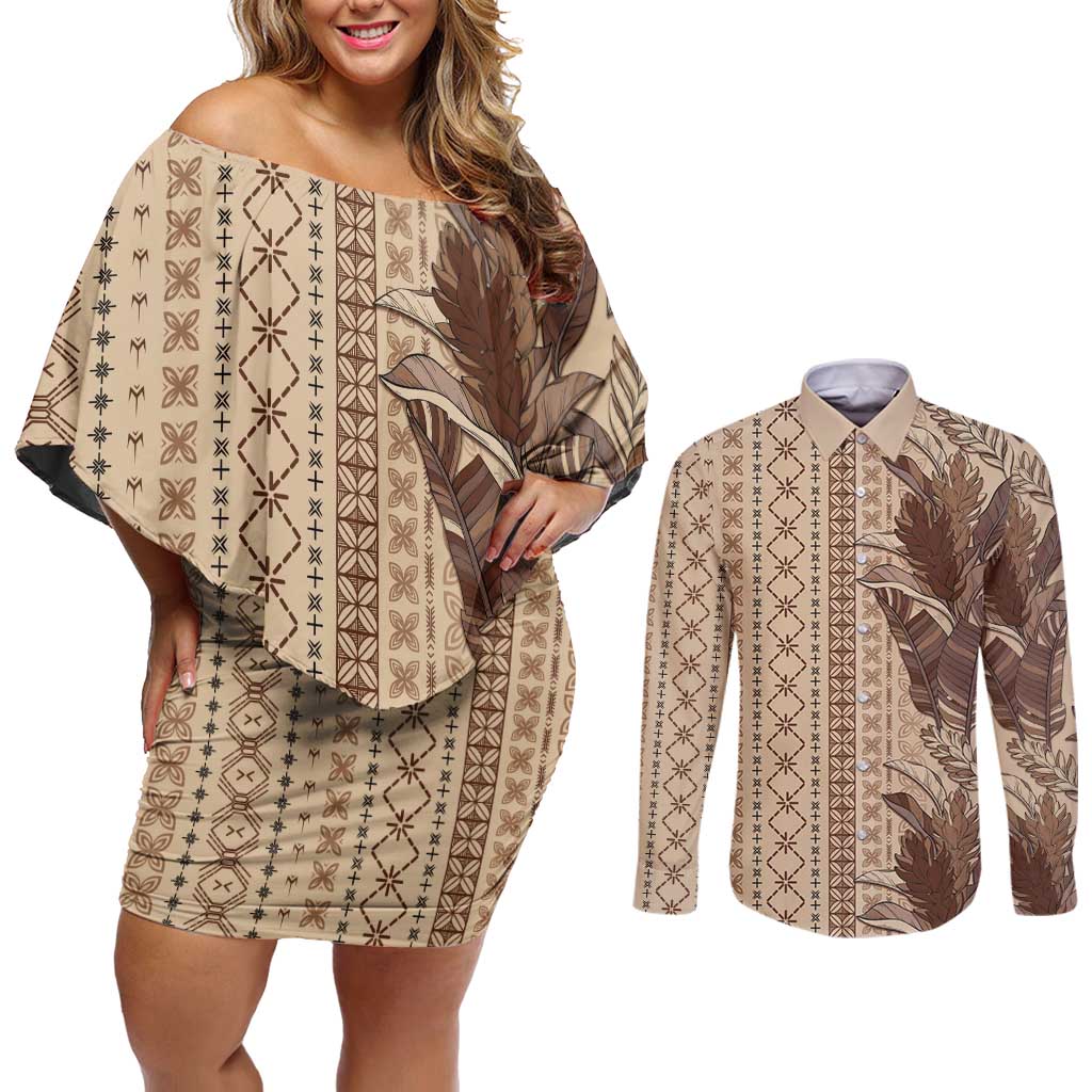 Women's Day Samoa Malu Tattoo Inspired Mix Teuila Couples Matching Off Shoulder Short Dress and Long Sleeve Button Shirt Vintage Tapa