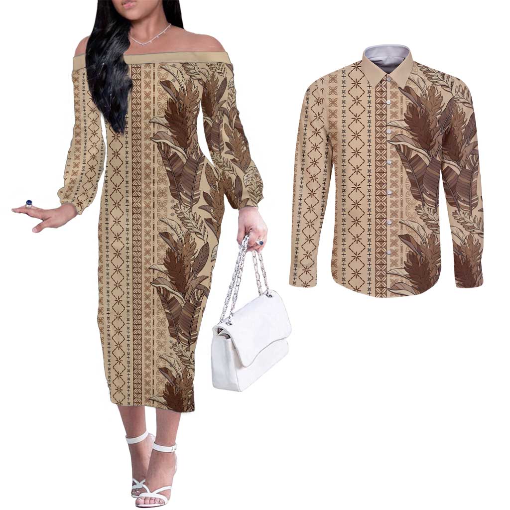 Women's Day Samoa Malu Tattoo Inspired Mix Teuila Couples Matching Off The Shoulder Long Sleeve Dress and Long Sleeve Button Shirt Vintage Tapa