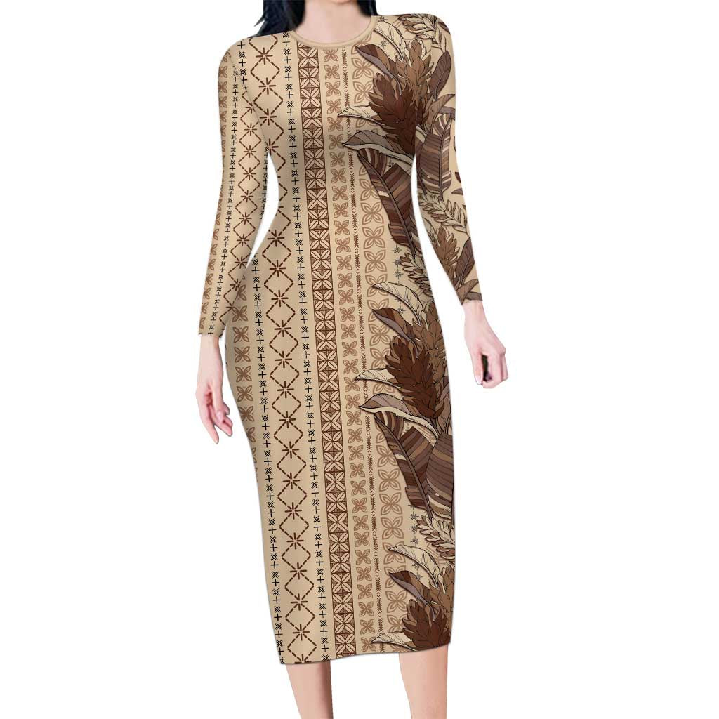 Women's Day Samoa Malu Tattoo Inspired Mix Teuila Family Matching Long Sleeve Bodycon Dress and Hawaiian Shirt Vintage Tapa LT7 Mom's Dress Beige - Polynesian Pride