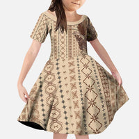 Women's Day Samoa Malu Tattoo Inspired Mix Teuila Family Matching Off The Shoulder Long Sleeve Dress and Hawaiian Shirt Vintage Tapa LT7 Daughter's Dress Beige - Polynesian Pride