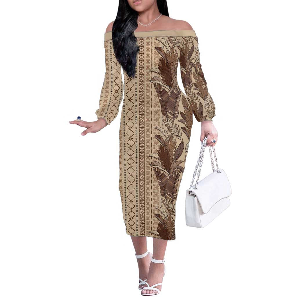 Women's Day Samoa Malu Tattoo Inspired Mix Teuila Family Matching Off The Shoulder Long Sleeve Dress and Hawaiian Shirt Vintage Tapa LT7 Mom's Dress Beige - Polynesian Pride