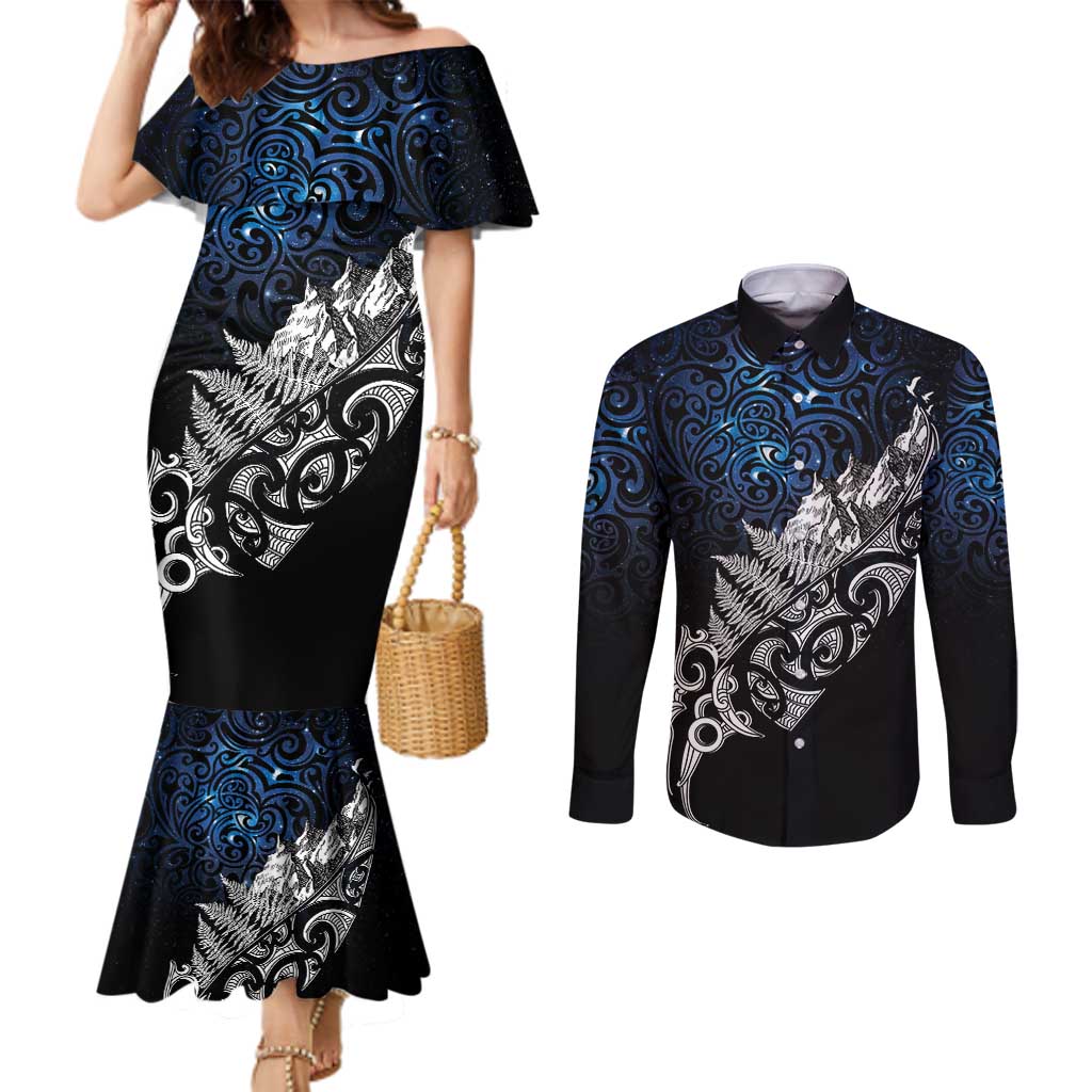 Maori Matariki Couples Matching Mermaid Dress and Long Sleeve Button Shirt Landscape Styled Fern - Galaxy