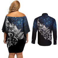 Maori Matariki Couples Matching Off Shoulder Short Dress and Long Sleeve Button Shirt Landscape Styled Fern - Galaxy
