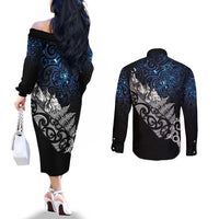 Maori Matariki Couples Matching Off The Shoulder Long Sleeve Dress and Long Sleeve Button Shirt Landscape Styled Fern - Galaxy