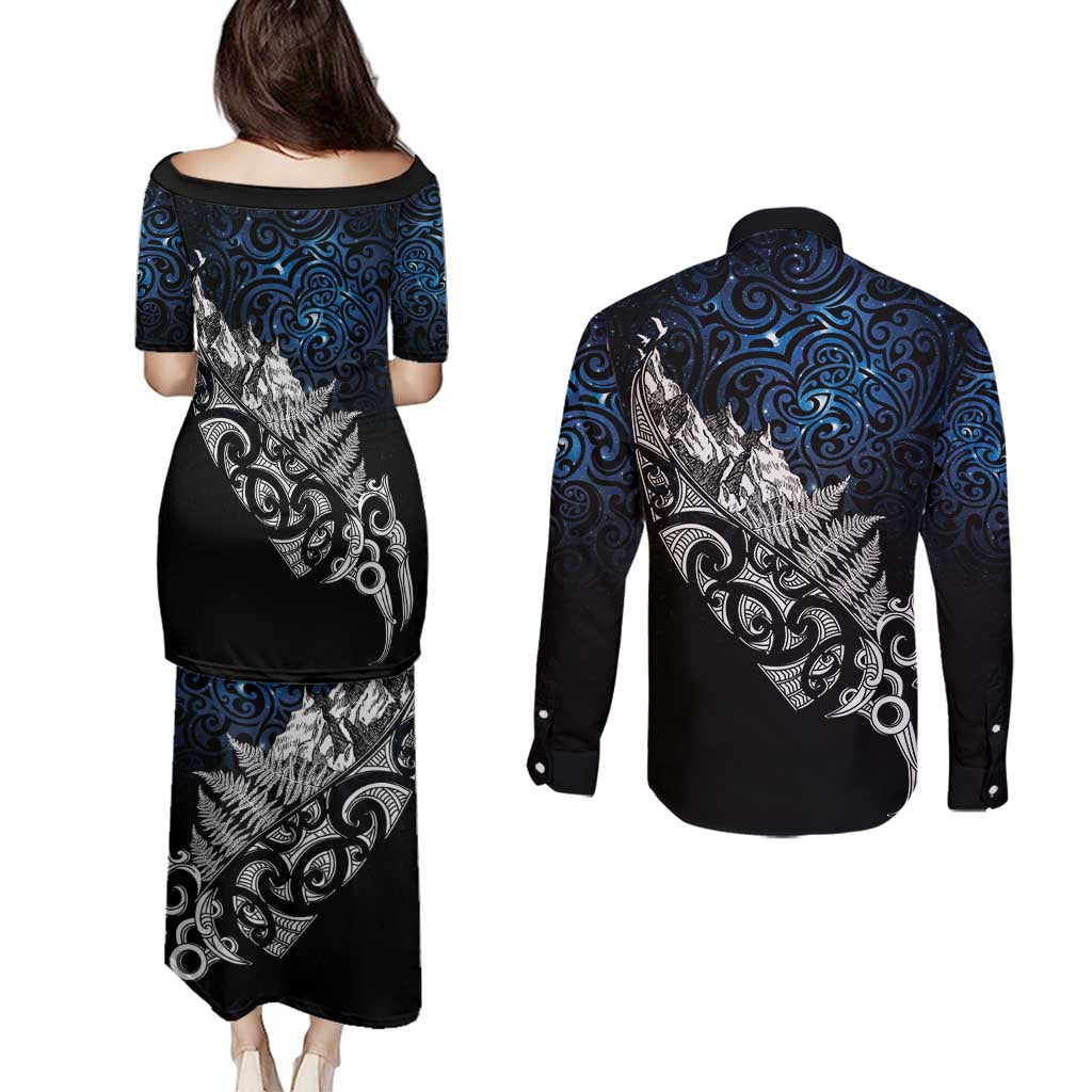 Maori Matariki Couples Matching Puletasi and Long Sleeve Button Shirt Landscape Styled Fern - Galaxy