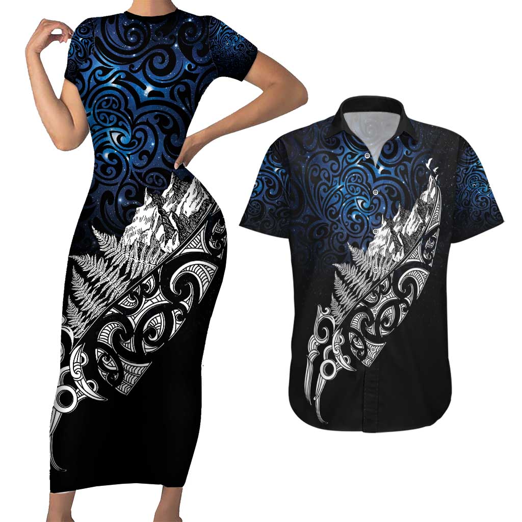Maori Matariki Couples Matching Short Sleeve Bodycon Dress and Hawaiian Shirt Landscape Styled Fern - Galaxy