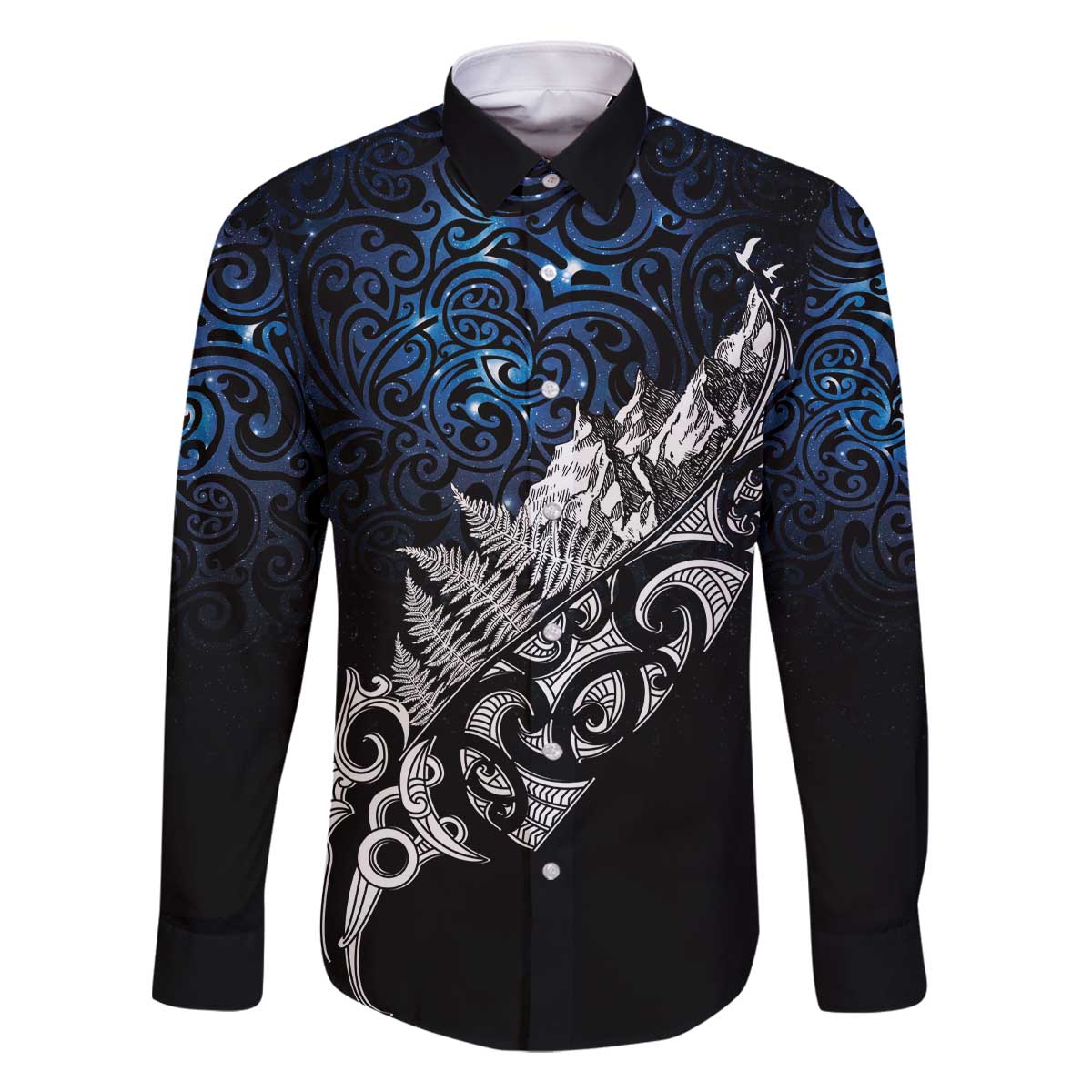Maori Matariki Family Matching Off The Shoulder Long Sleeve Dress and Hawaiian Shirt Landscape Styled Fern - Galaxy