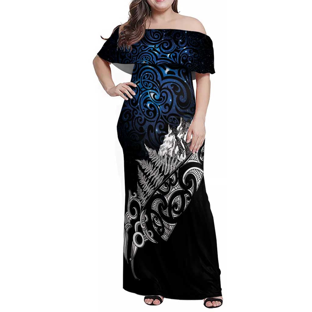 Maori Matariki Family Matching Off Shoulder Maxi Dress and Hawaiian Shirt Landscape Styled Fern - Galaxy