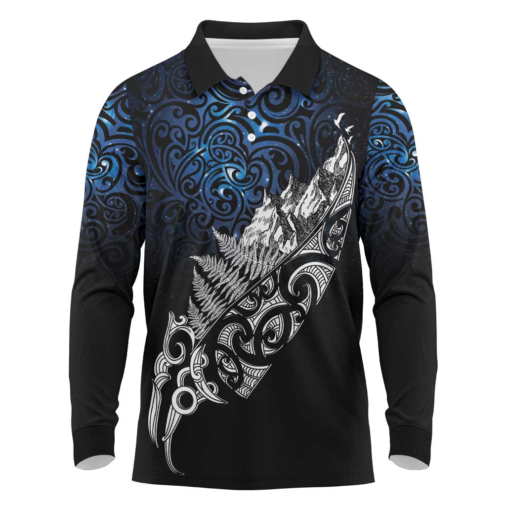 Maori Matariki Long Sleeve Polo Shirt Landscape Styled Fern - Galaxy
