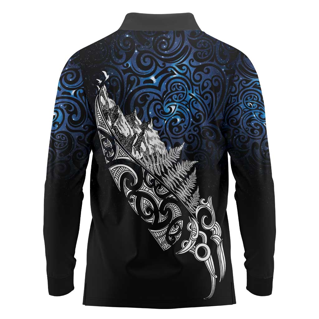 Maori Matariki Long Sleeve Polo Shirt Landscape Styled Fern - Galaxy