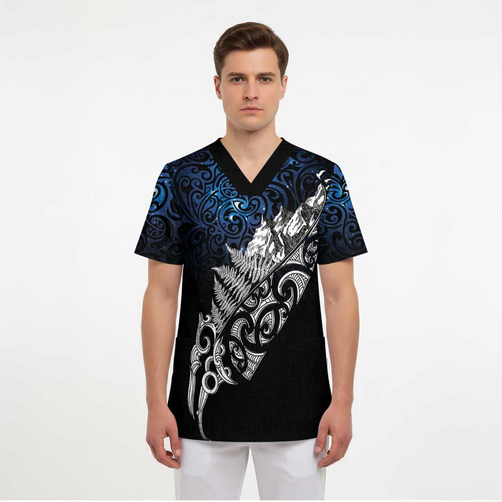 Maori Matariki Scrub Top Landscape Styled Fern - Galaxy - Polynesian Pride